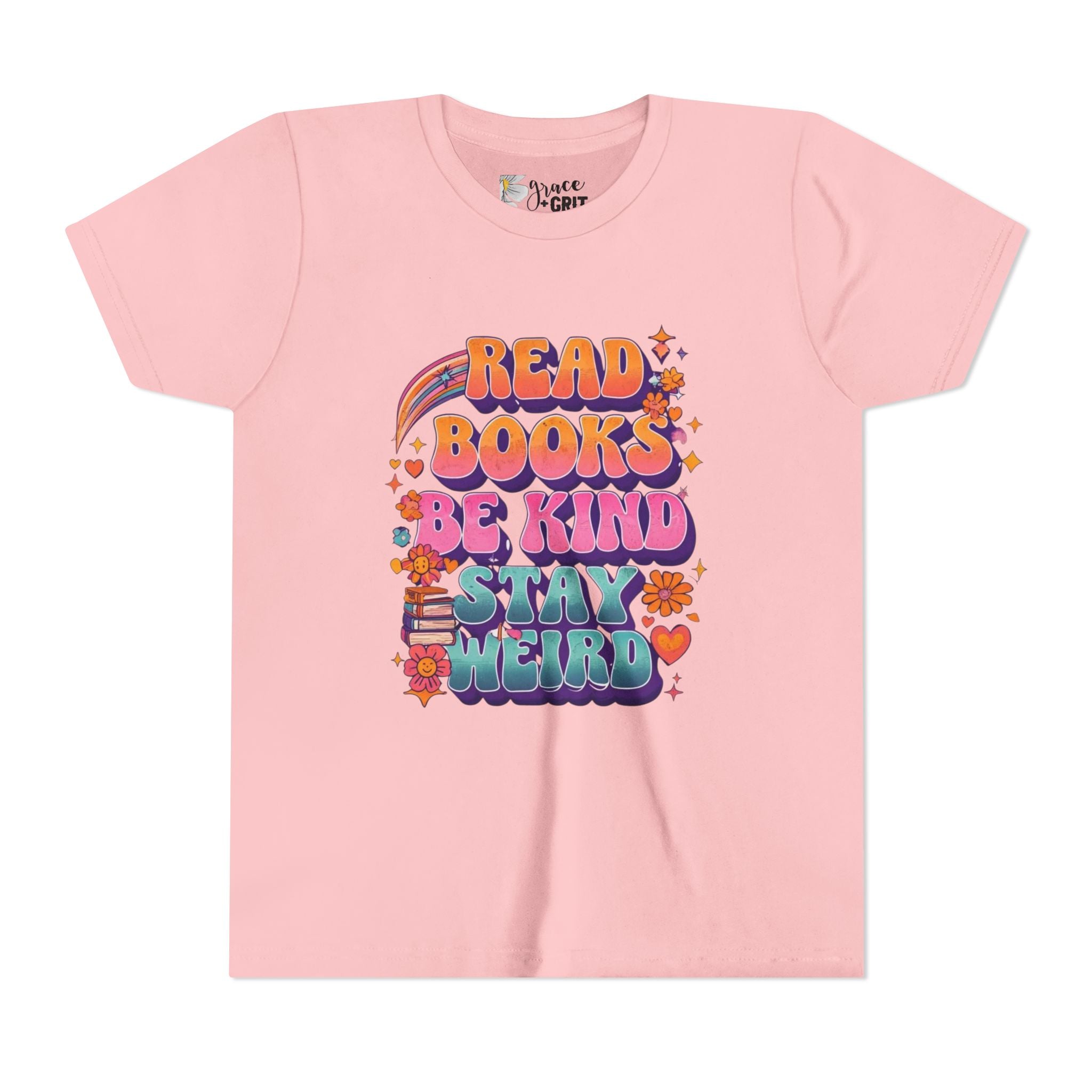 Youth Tee — "Read Books Be Kind Stay Weird" Retro Kids Graphic Shirt
