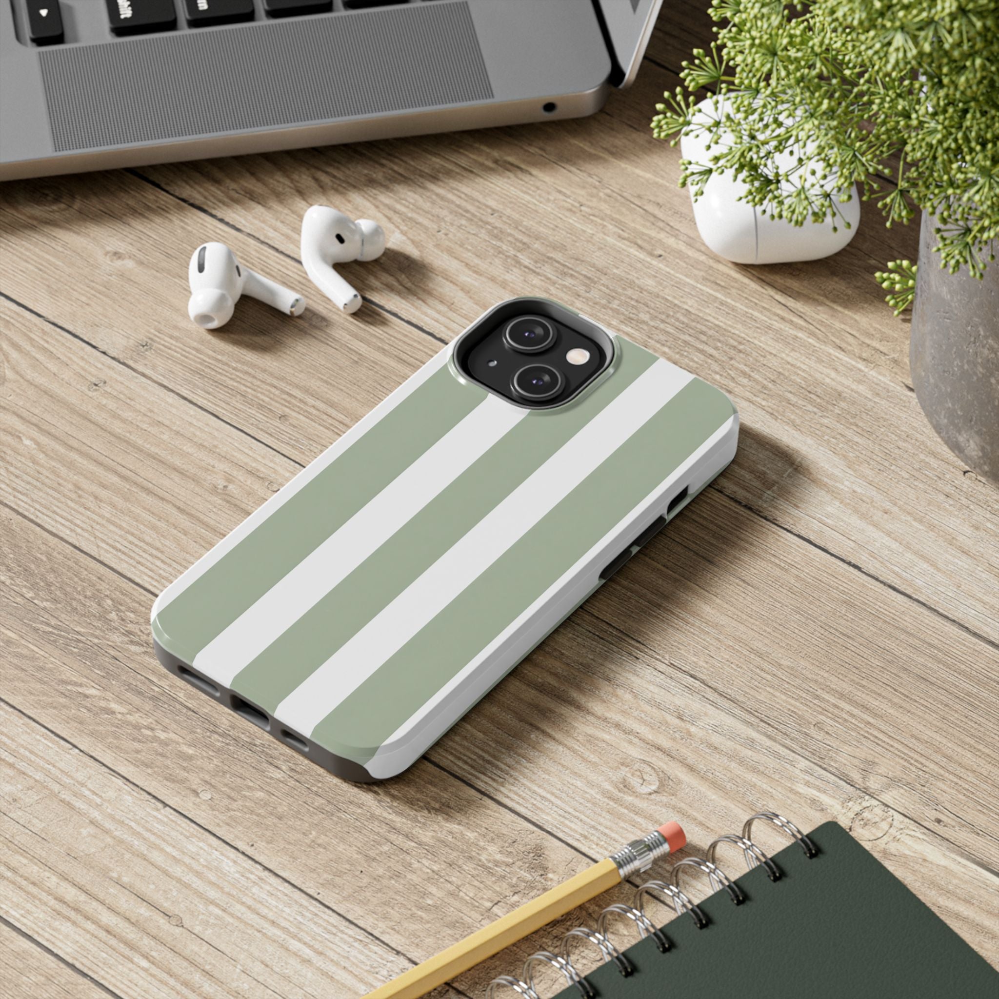 Sage & White Striped Tough Phone Case — Durable Protective Phone Cover
