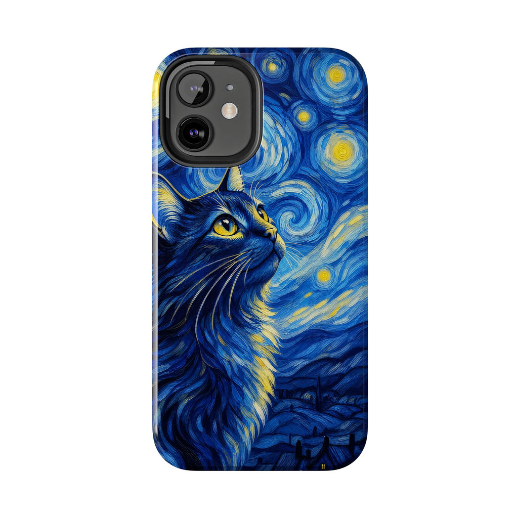 Starry Night Cat Tough Phone Case — Van Gogh Style Galaxy Kitten Protective Cover