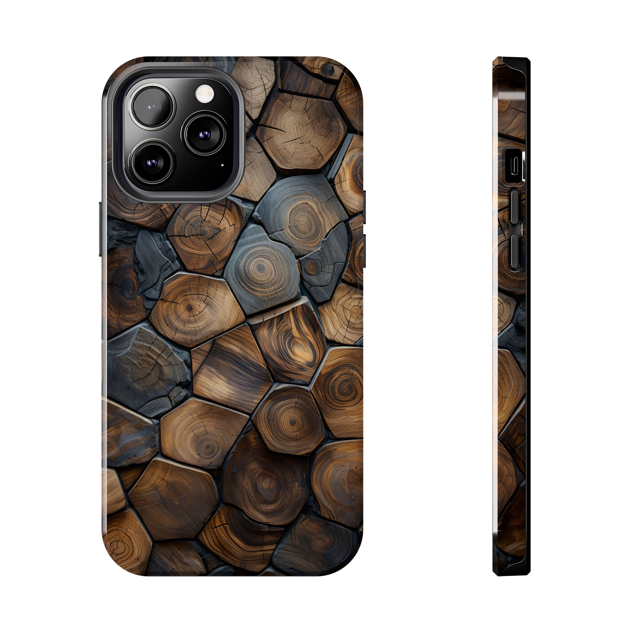 Woodgrain Hex Pattern Tough Phone Case — Rustic Log Cross-Section Design