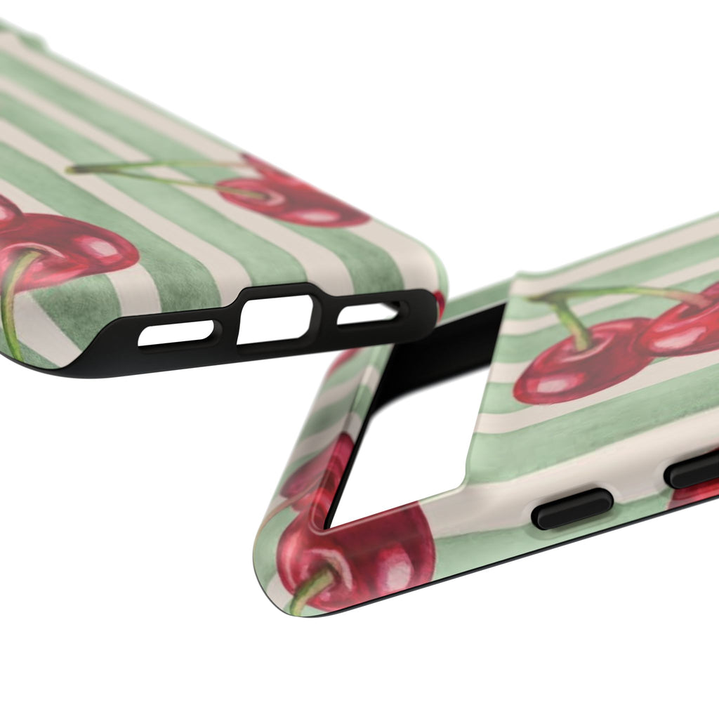 Cherry Stripe Phone Case – Retro Watercolor Cherries on Mint Stripes