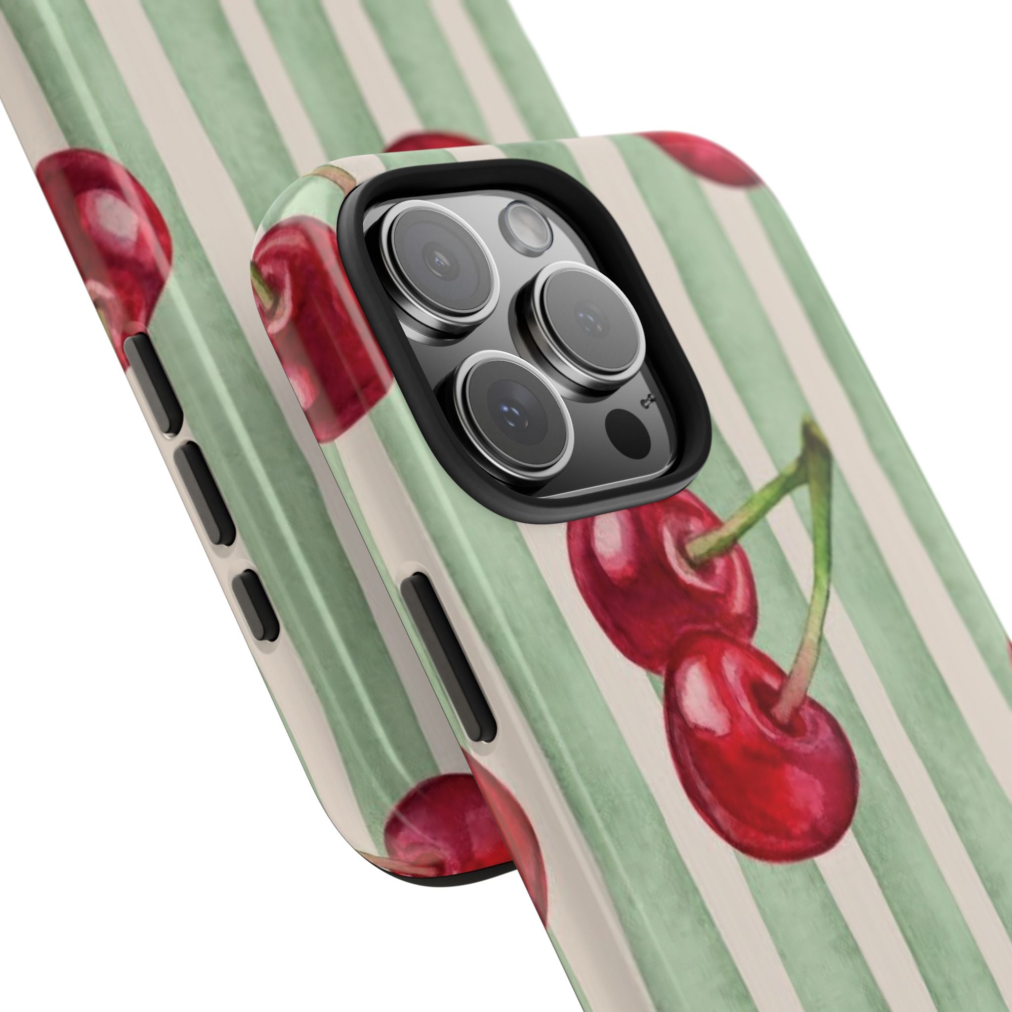 Cherry Stripe Tough Phone Case — Retro Watercolor Cherry Pattern Durable Phone Case