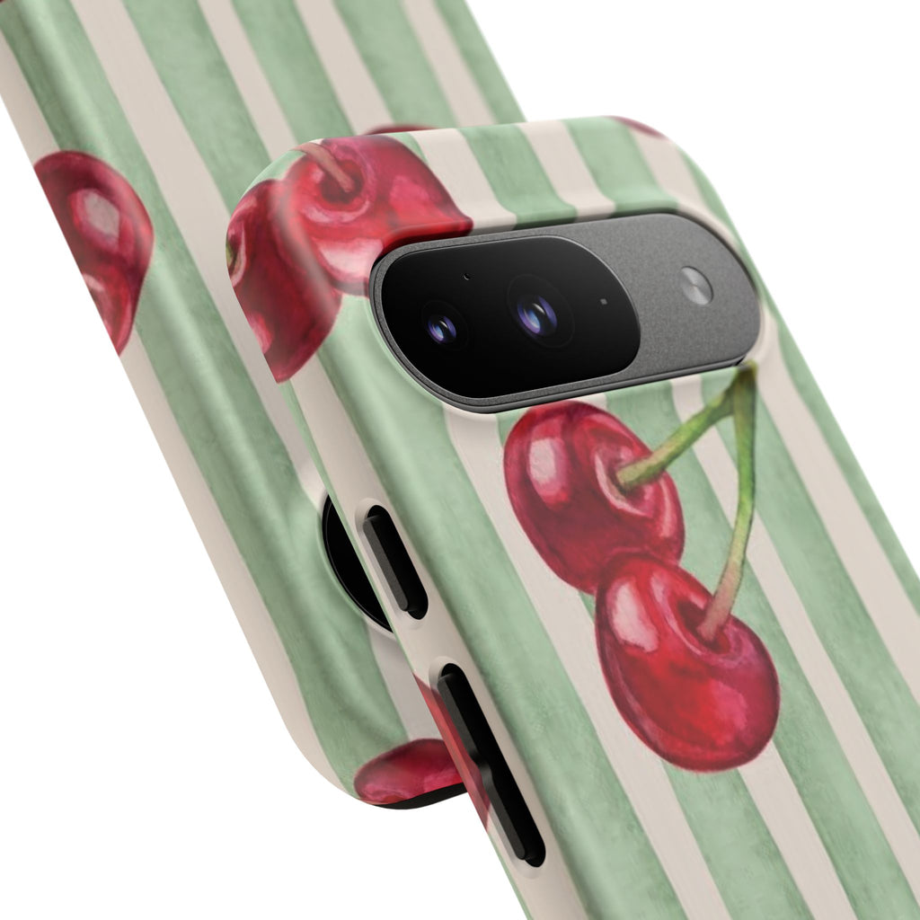 Cherry Stripe Phone Case – Retro Watercolor Cherries on Mint Stripes