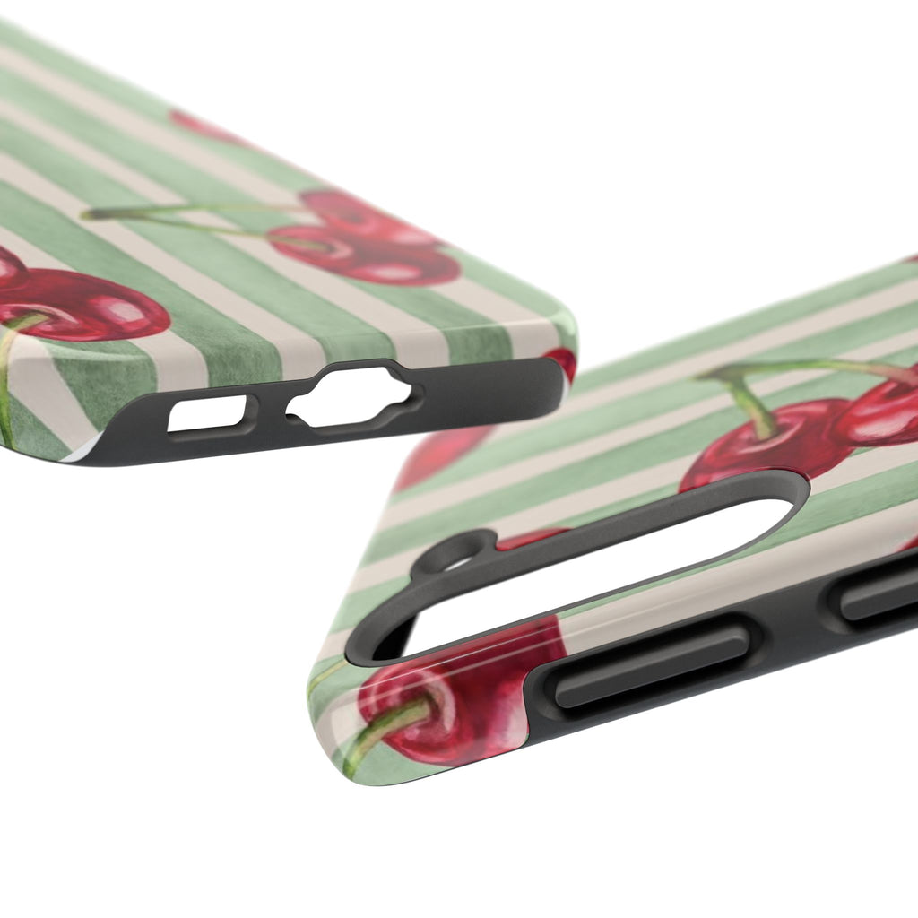 Cherry Stripe Tough Phone Case — Retro Watercolor Cherry Pattern Durable Phone Case