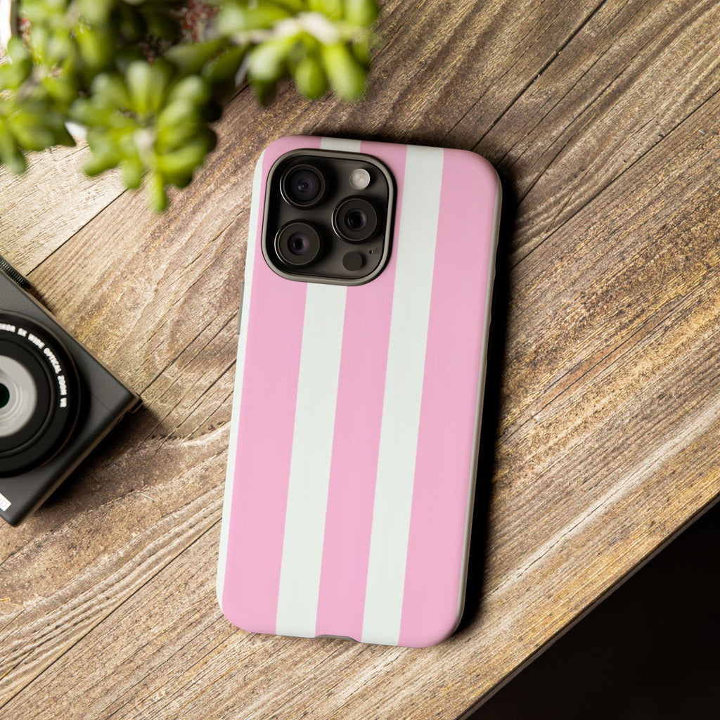 Pink & White Striped Tough Phone Case — Durable Protective Phone Cover