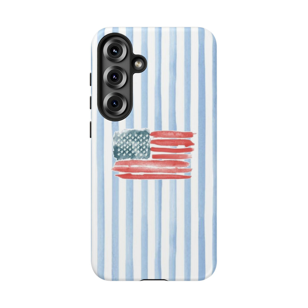 American Flag Watercolor Phone Case - Blue Stripe Tough Case