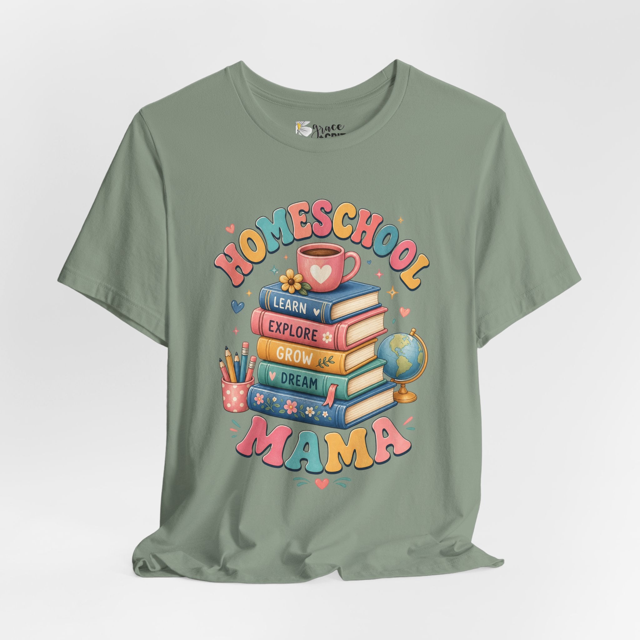 Homeschool Mama T-Shirt – Colorful Stacked Books Design