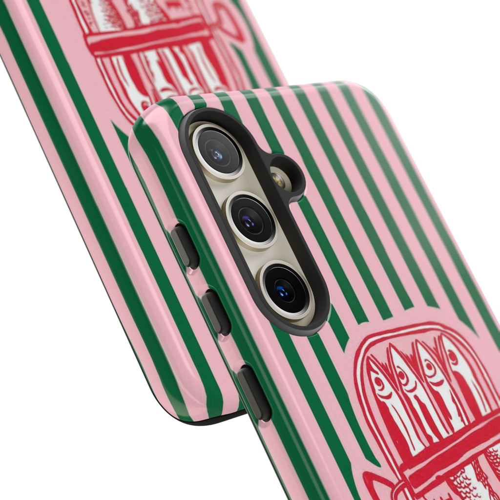 Sardine Stripe Phone Case — Retro Pink & Green Nautical Protection