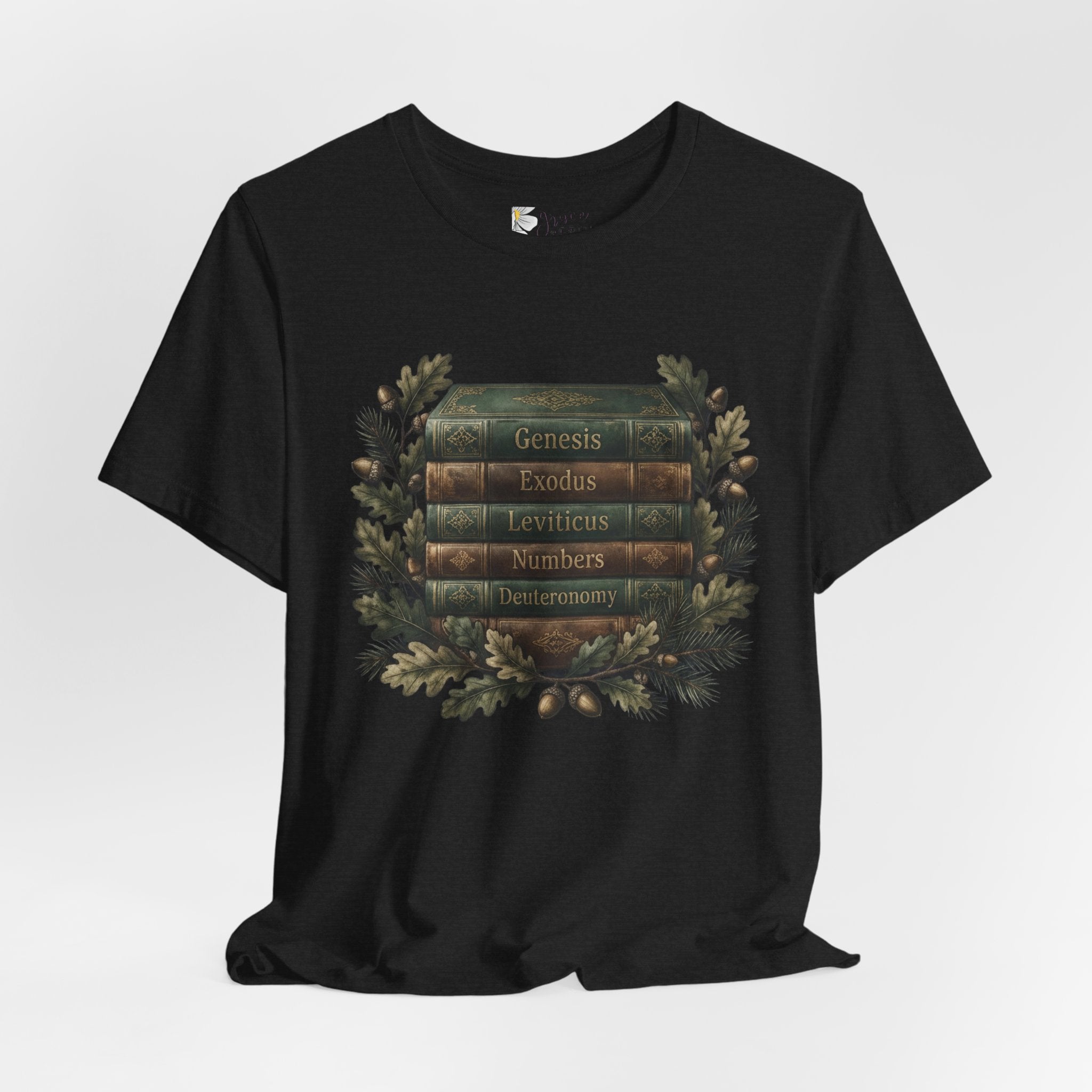 Bible Verse Stack T-Shirt — Genesis Exodus Leviticus Numbers Deuteronomy Floral Graphic