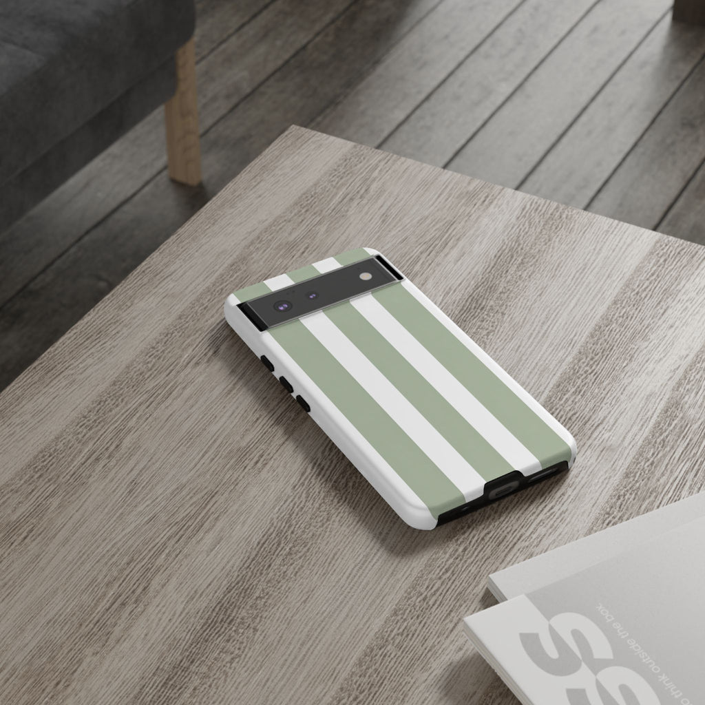 Striped Sage Tough Phone Case — Durable Green & White Vertical Stripe Phone Cover