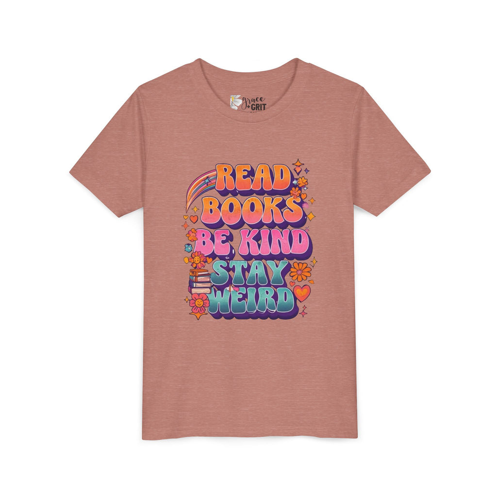 Youth Tee — "Read Books Be Kind Stay Weird" Retro Kids Graphic Shirt