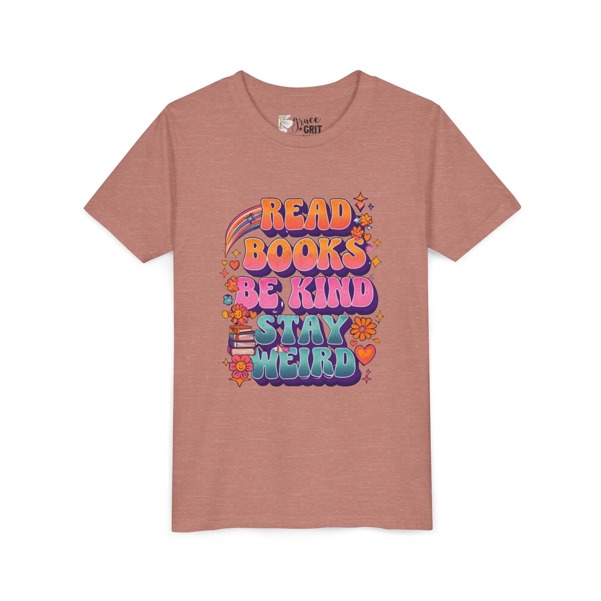 Youth Tee — "Read Books Be Kind Stay Weird" Retro Kids Graphic Shirt