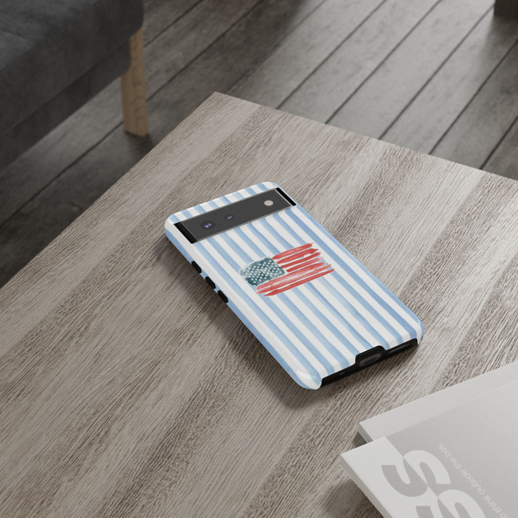 American Flag Watercolor Phone Case - Blue Stripe Tough Case