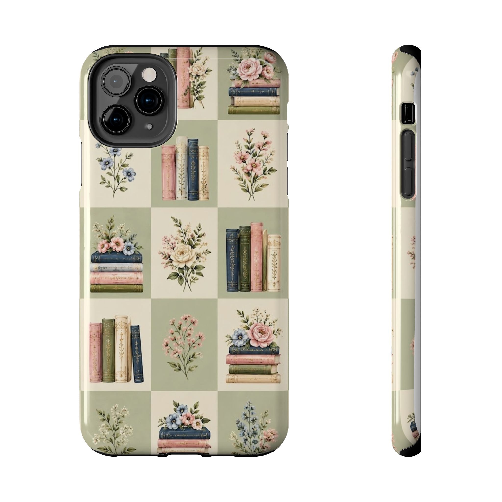 Floral Bookshelf Tough Phone Case — Vintage Floral & Stacked Books Pattern