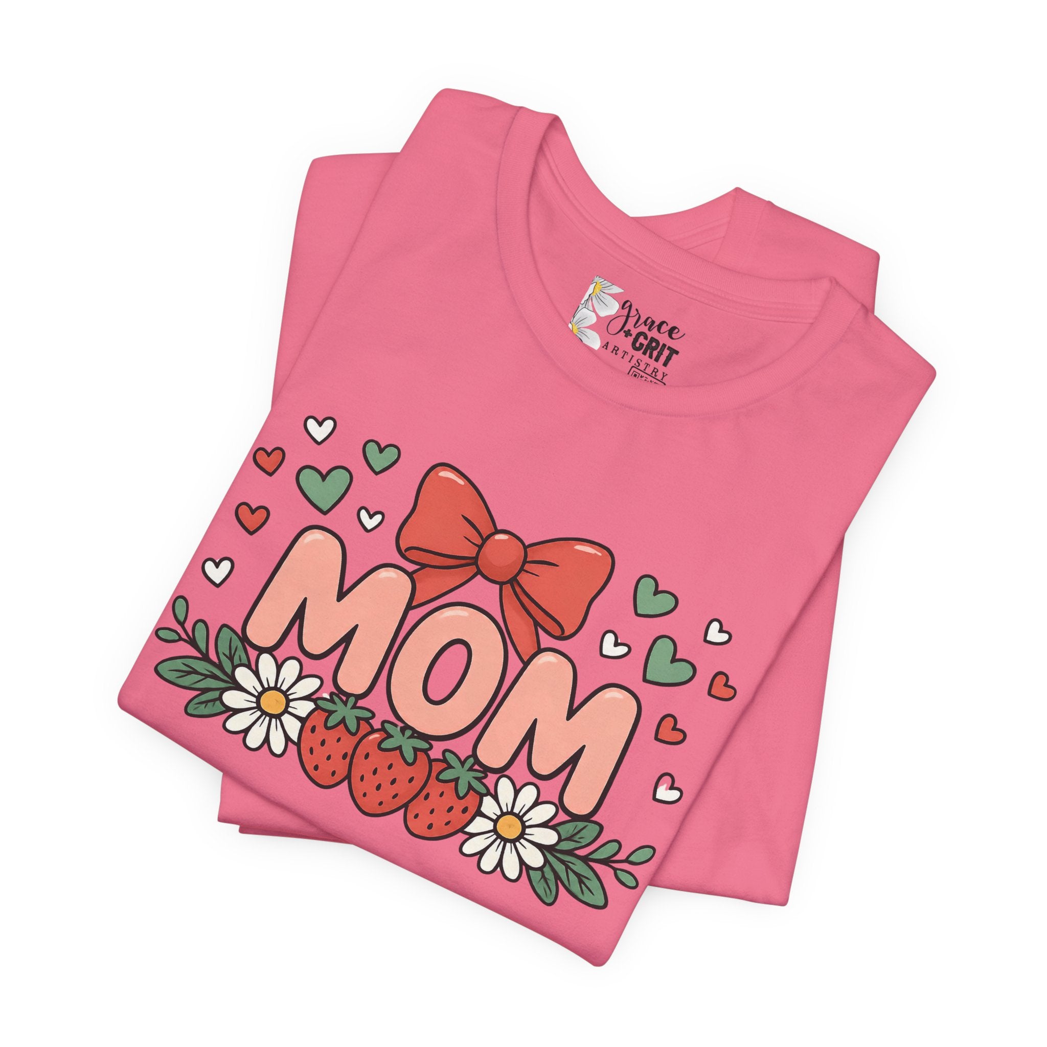 Mom Floral Bow T‑Shirt — Cute Strawberry & Daisy Mother's Day Tee