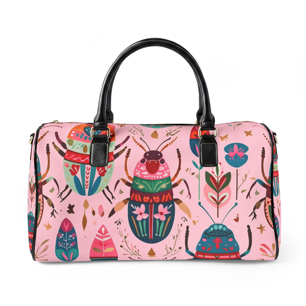 Faux Leather Travel Bag – Colorful Beetle & Botanical Print Weekender
