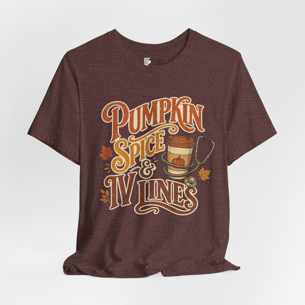 Pumpkin Spice & Vines Tee — Fall Graphic Shirt for Wine Lovers