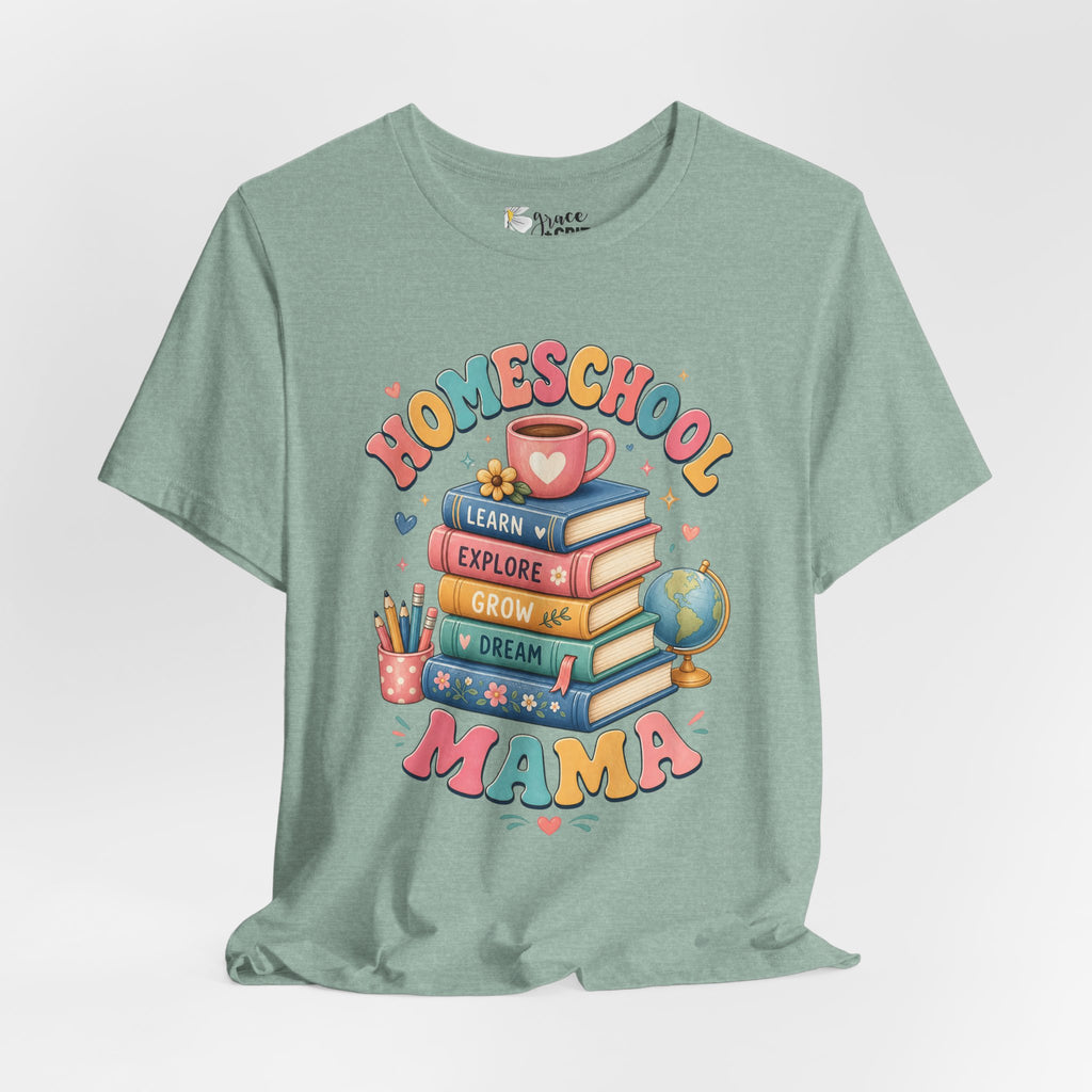 Homeschool Mama T-Shirt – Colorful Stacked Books Design