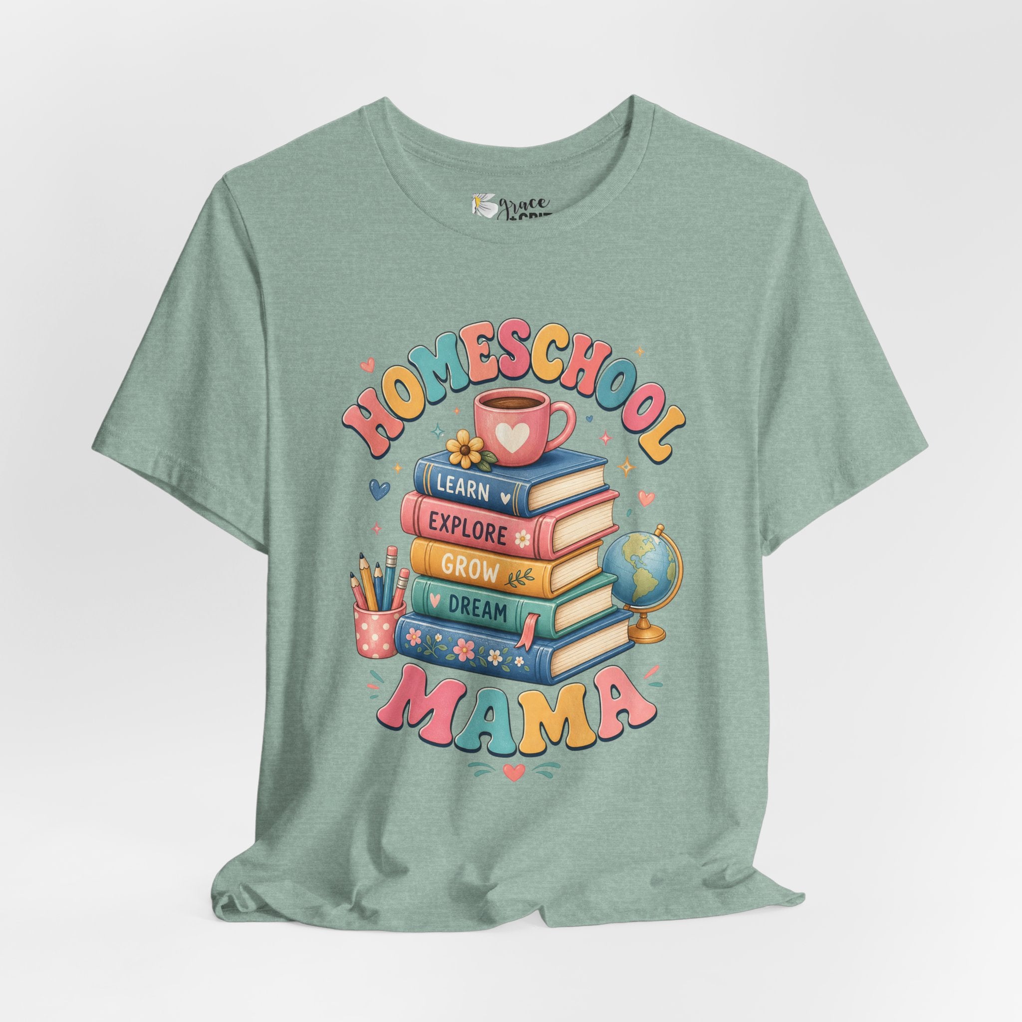 Homeschool Mama T-Shirt – Colorful Stacked Books Design