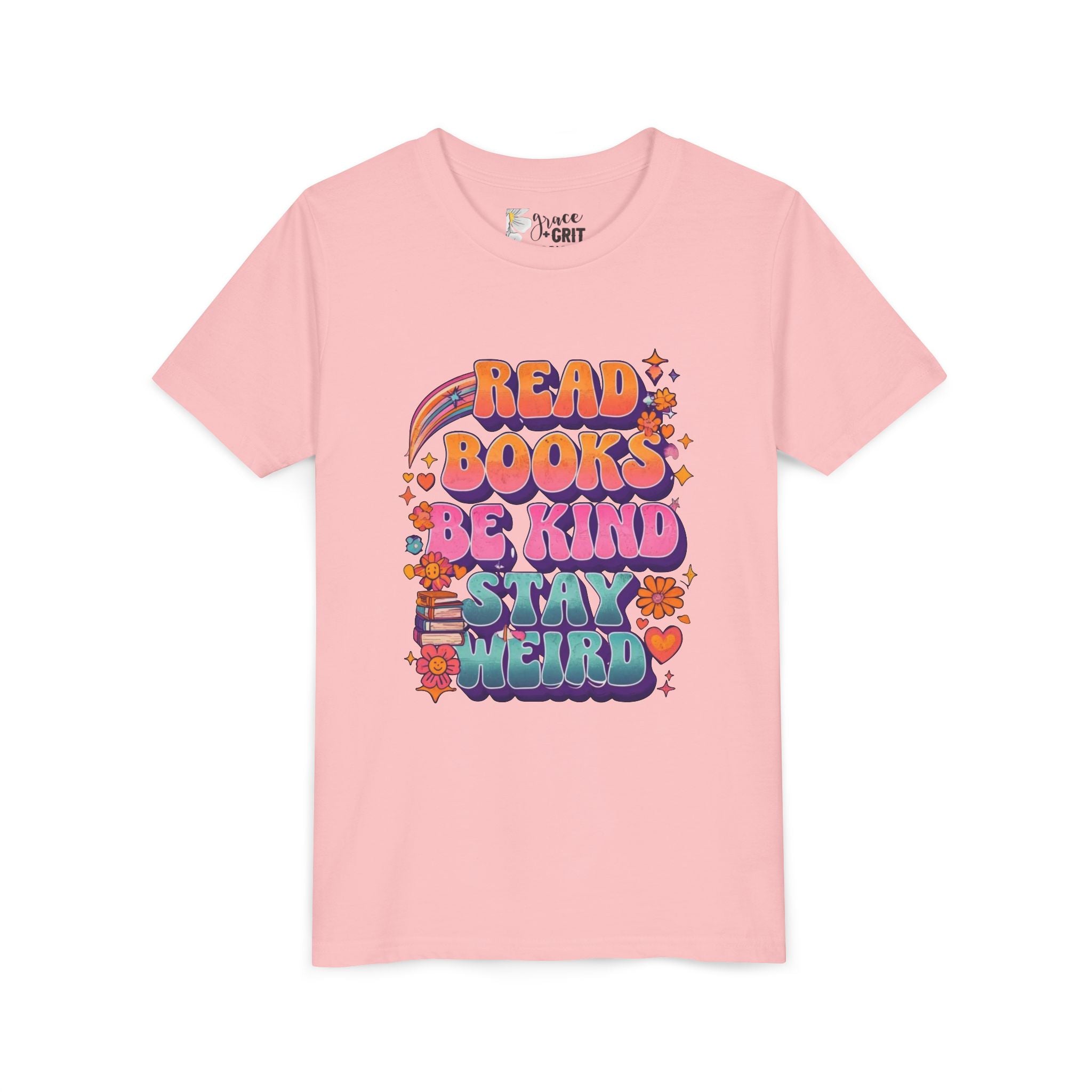 Youth Tee — "Read Books Be Kind Stay Weird" Retro Kids Graphic Shirt