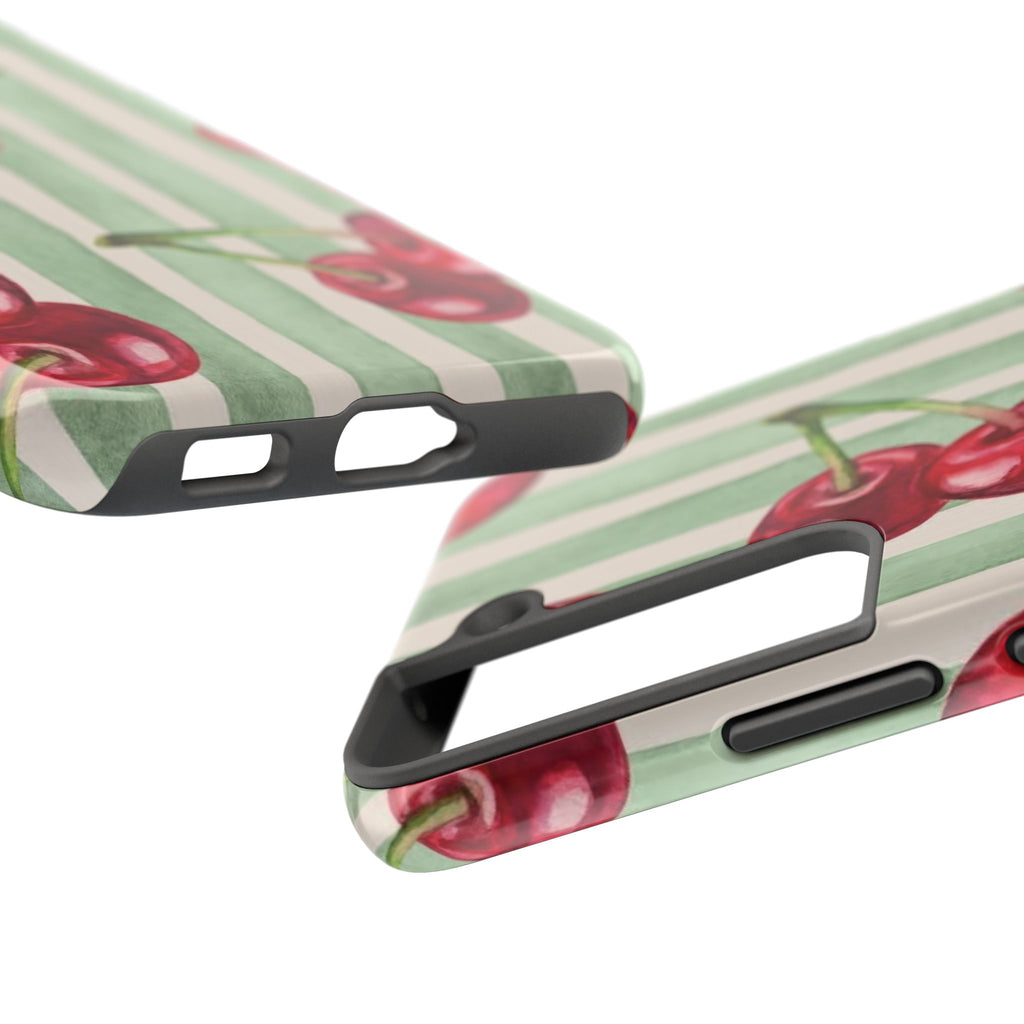 Cherry Stripe Tough Phone Case — Retro Watercolor Cherry Pattern Durable Phone Case