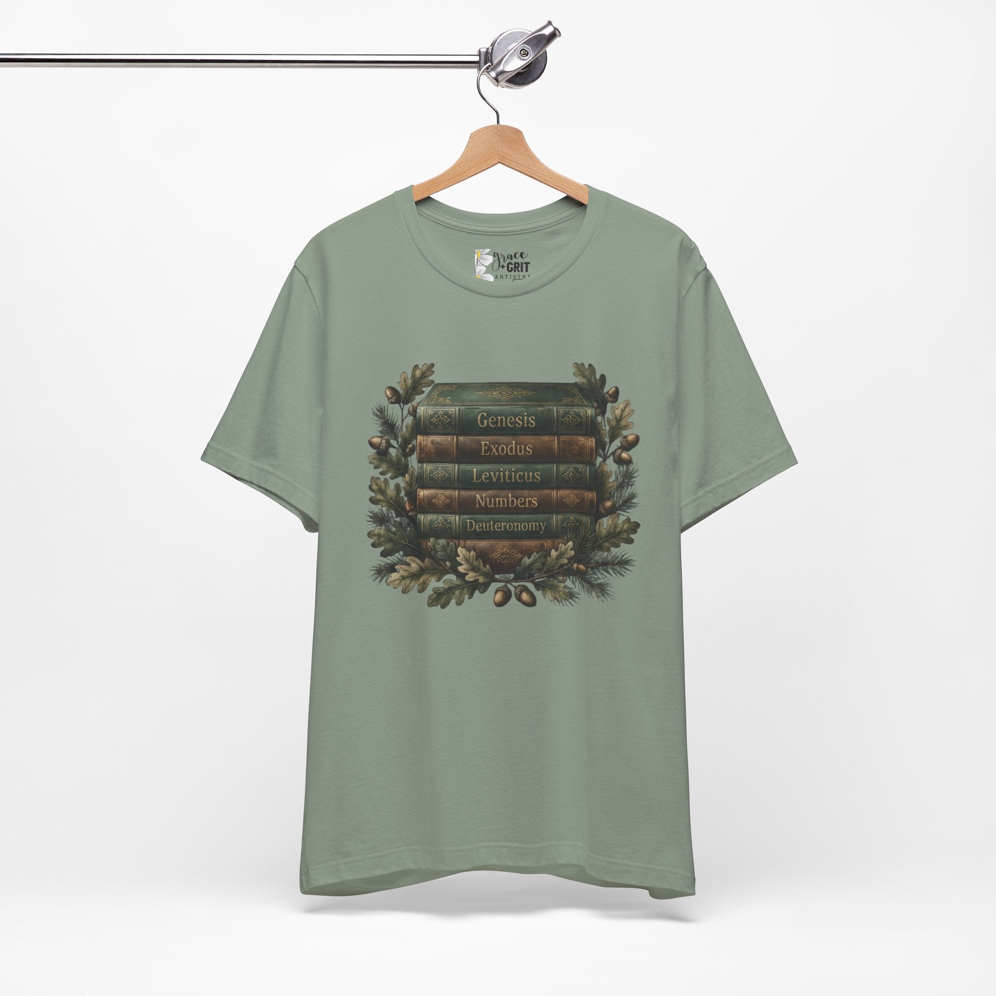 Bible Verse Stack T-Shirt — Genesis Exodus Leviticus Numbers Deuteronomy Floral Graphic