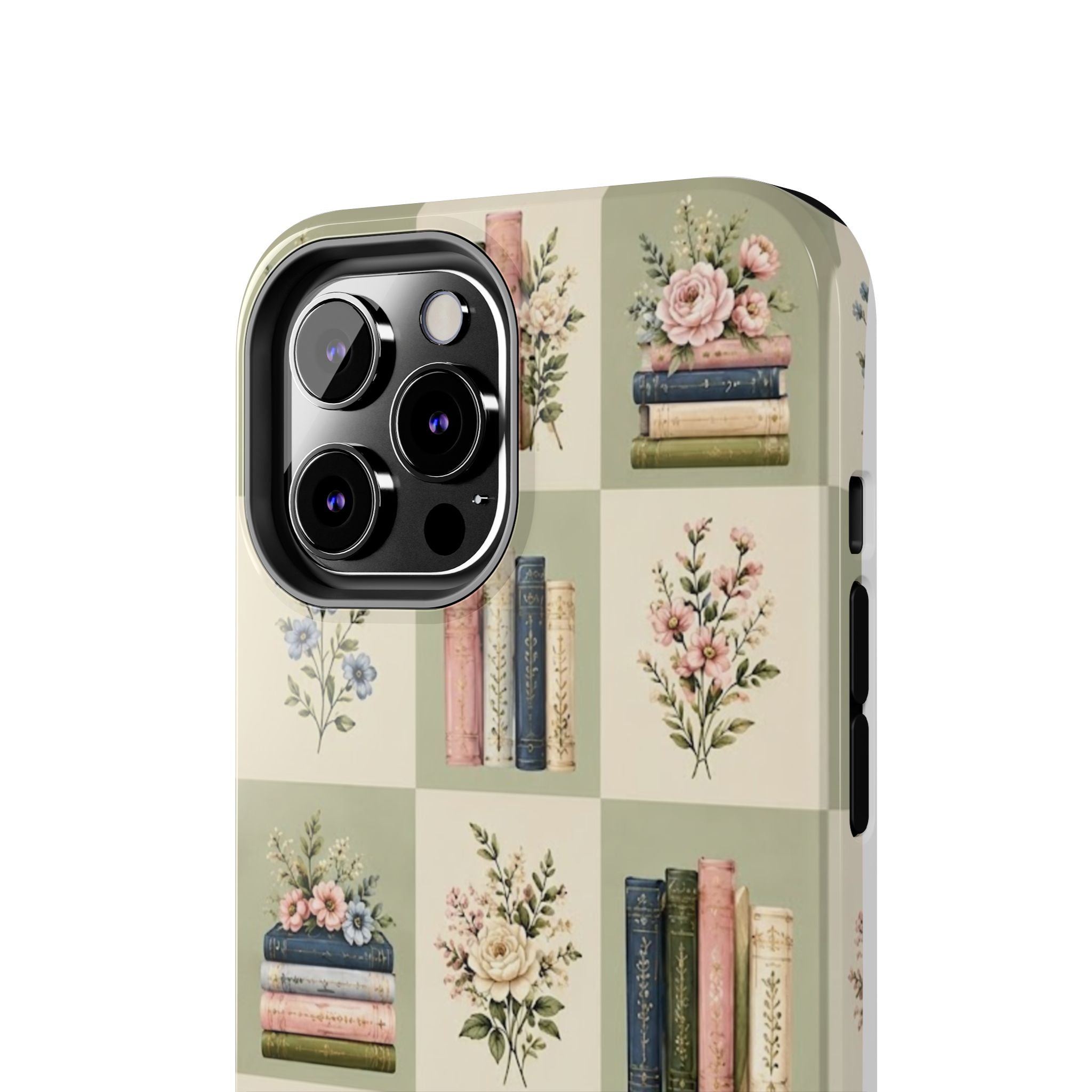 Floral Bookshelf Tough Phone Case — Vintage Floral & Stacked Books Pattern