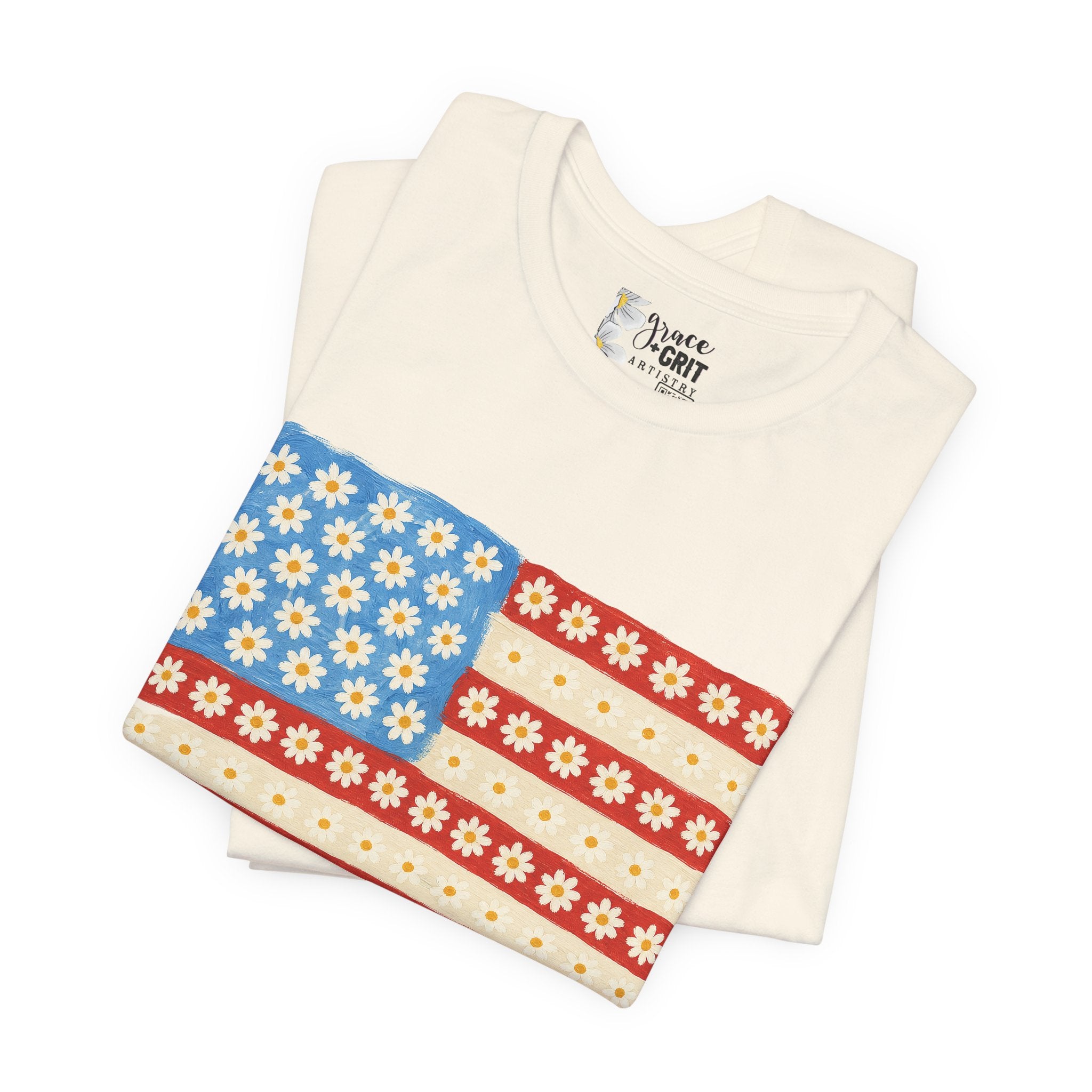 Daisy Flag T-Shirt — Retro Floral American Flag Tee for Patriotic Summer