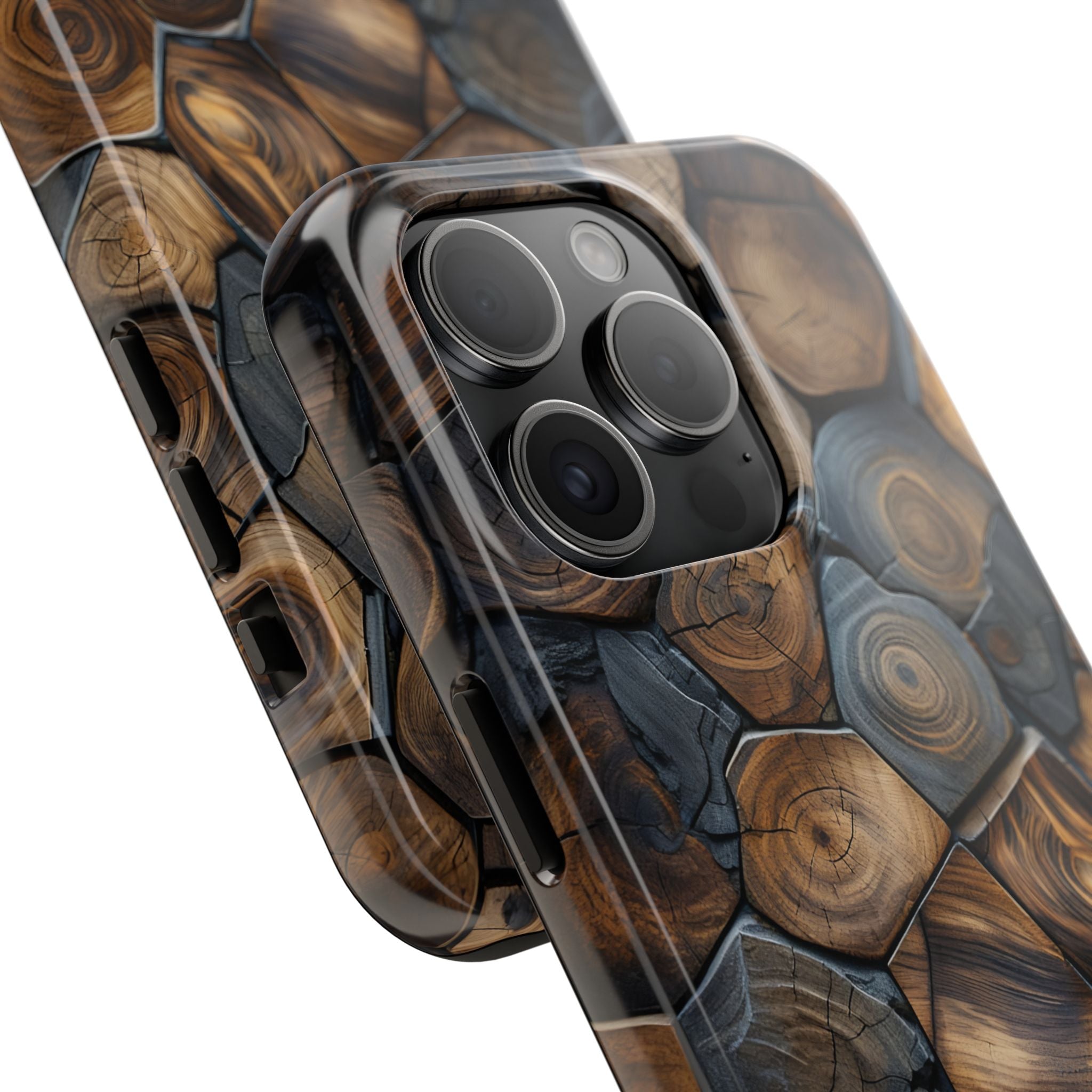 Woodgrain Hex Pattern Tough Phone Case — Rustic Log Cross-Section Design