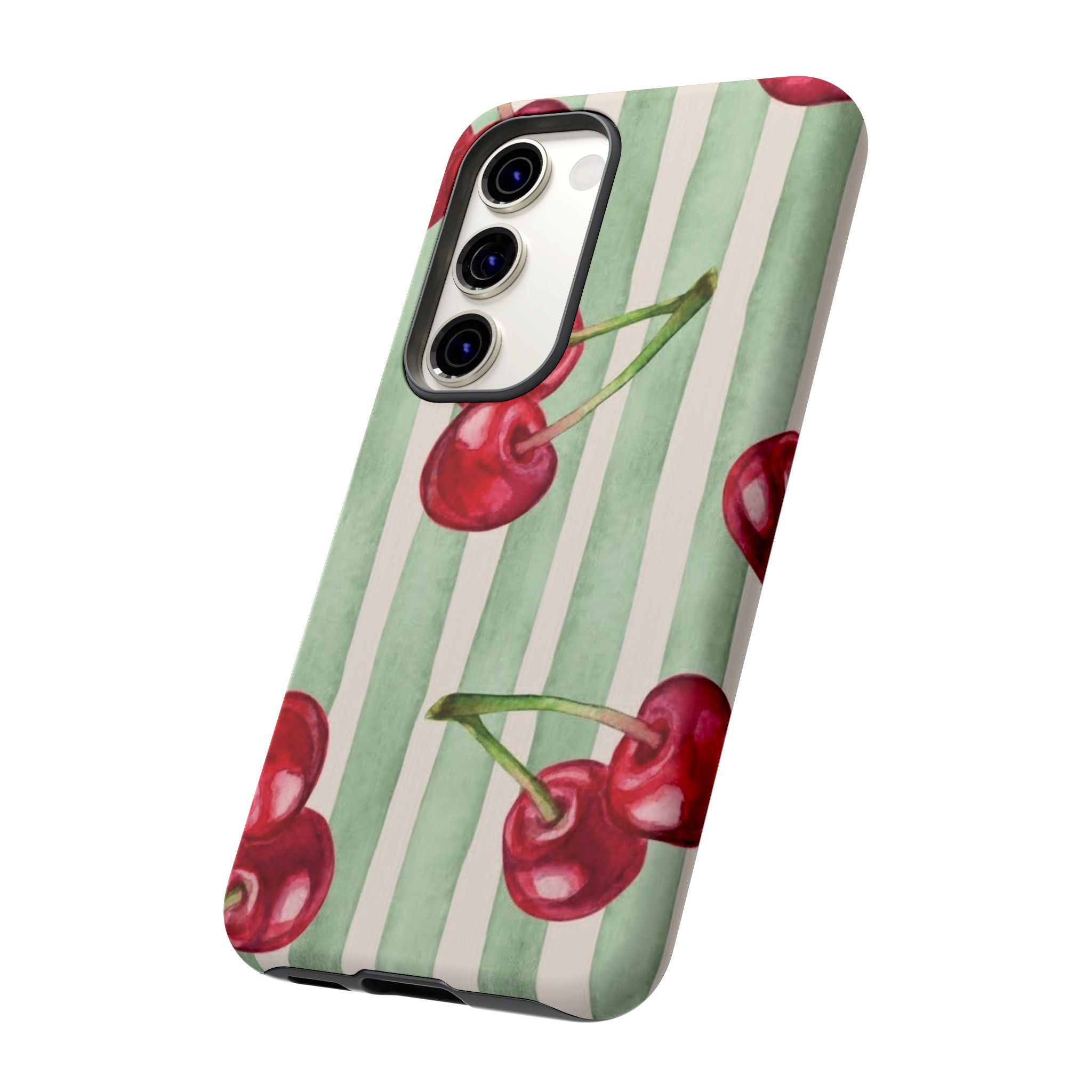 Cherry Stripe Phone Case – Retro Watercolor Cherries on Mint Stripes