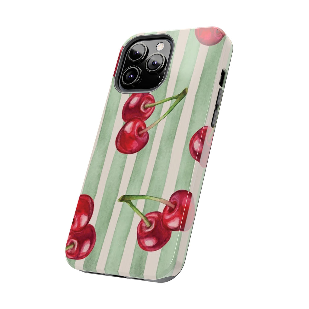 Cherry Stripe Tough Phone Case — Retro Watercolor Cherry Pattern Durable Phone Case