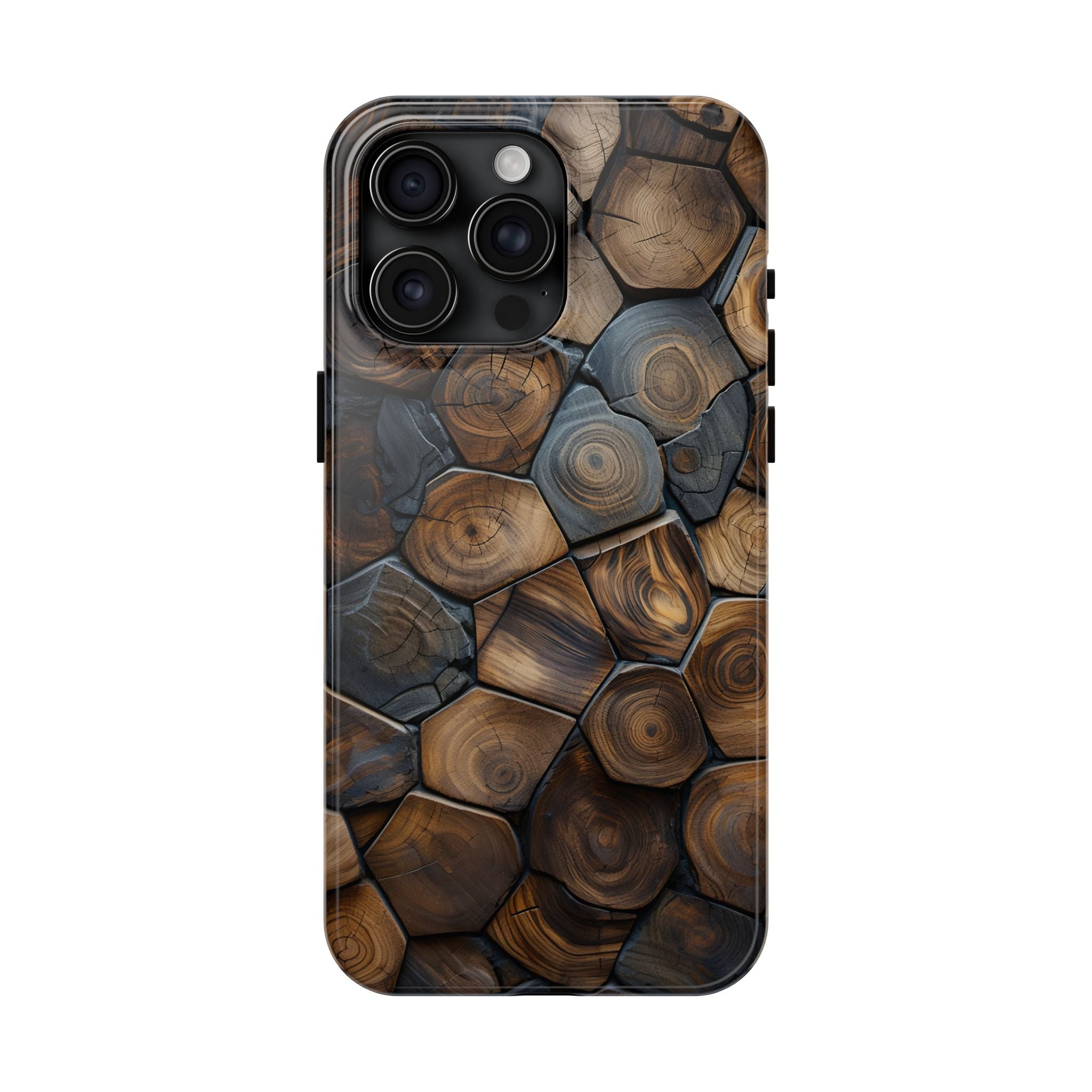 Woodgrain Hex Pattern Tough Phone Case — Rustic Log Cross-Section Design