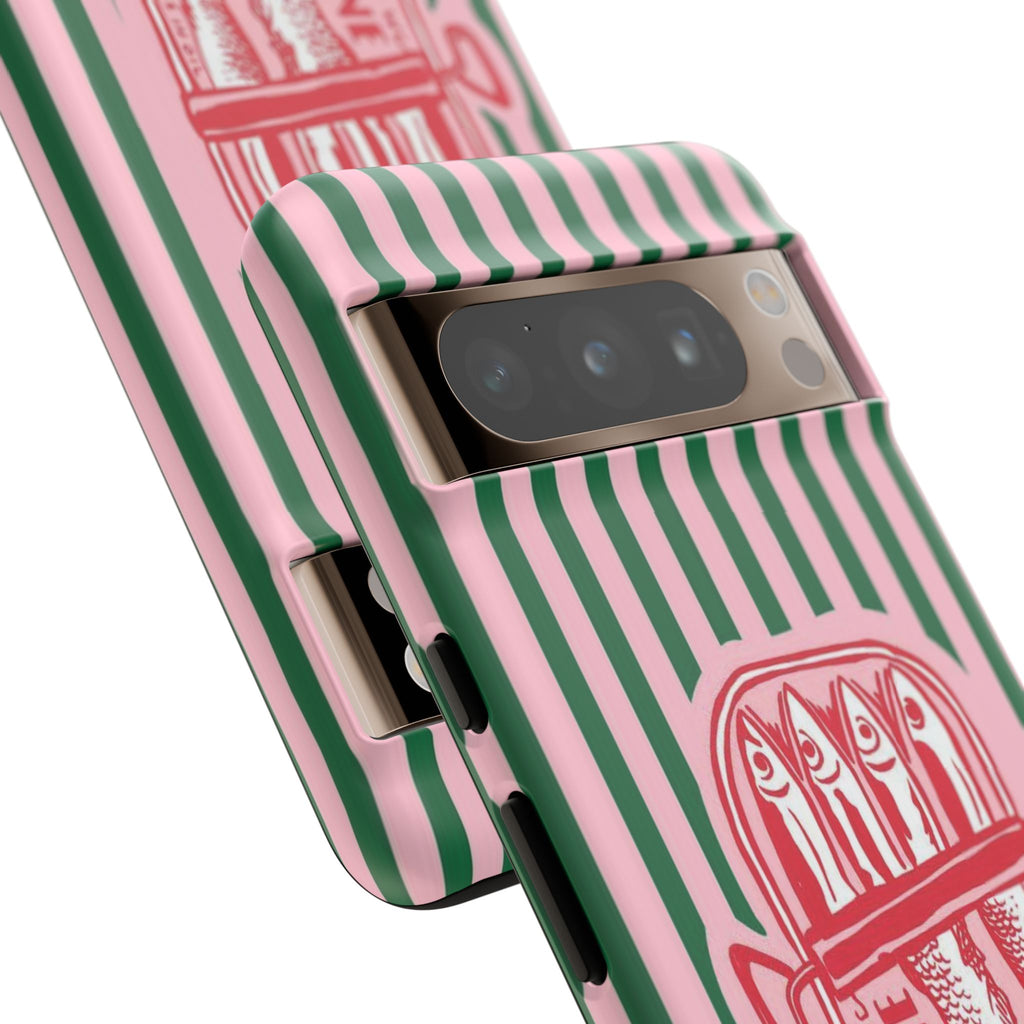 Sardine Stripe Phone Case — Retro Pink & Green Nautical Protection