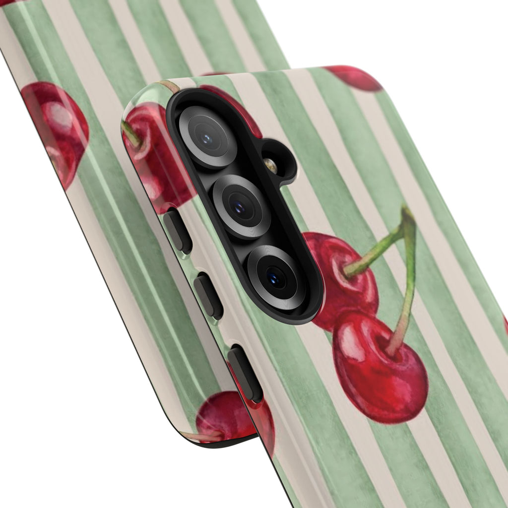 Cherry Stripe Phone Case – Retro Watercolor Cherries on Mint Stripes