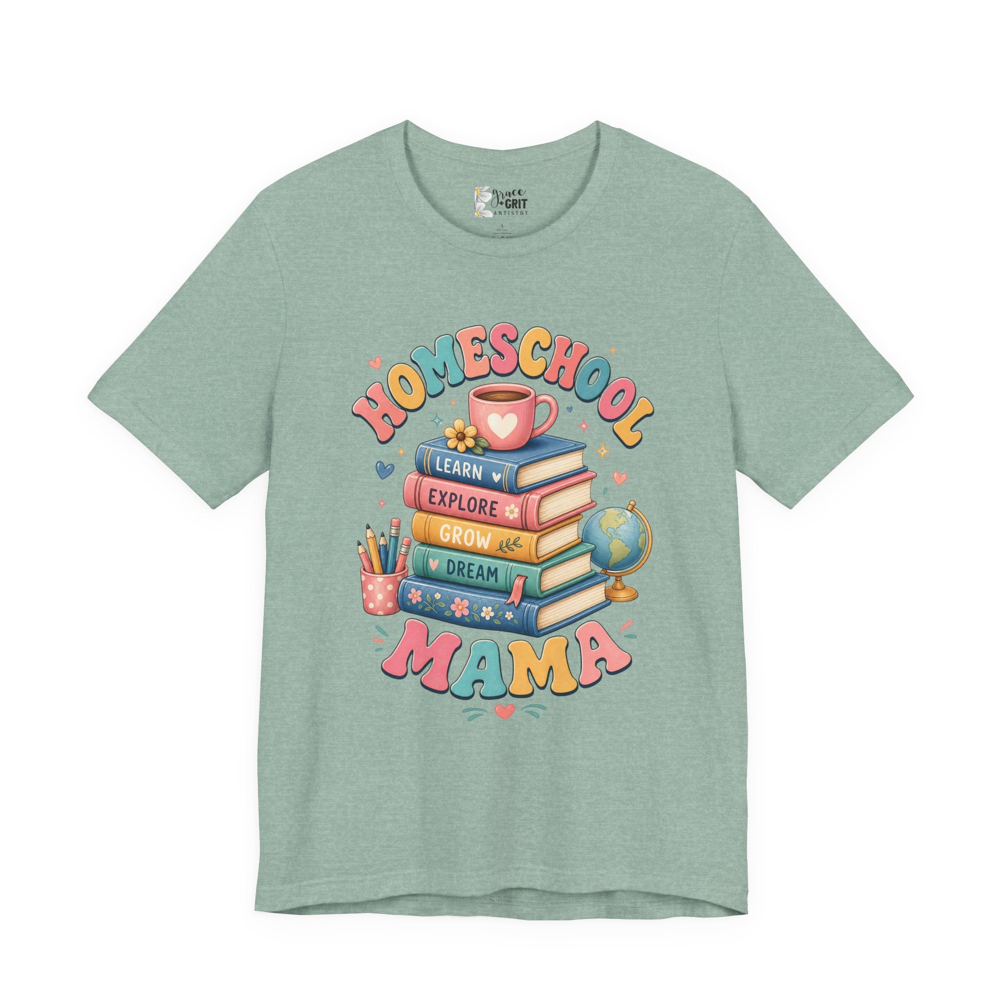 Homeschool Mama T-Shirt – Colorful Stacked Books Design