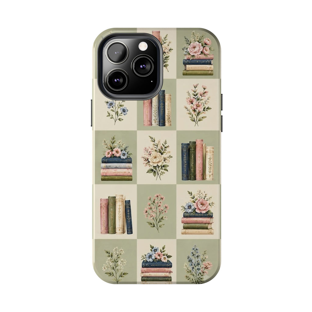 Floral Bookshelf Tough Phone Case — Vintage Floral & Stacked Books Pattern