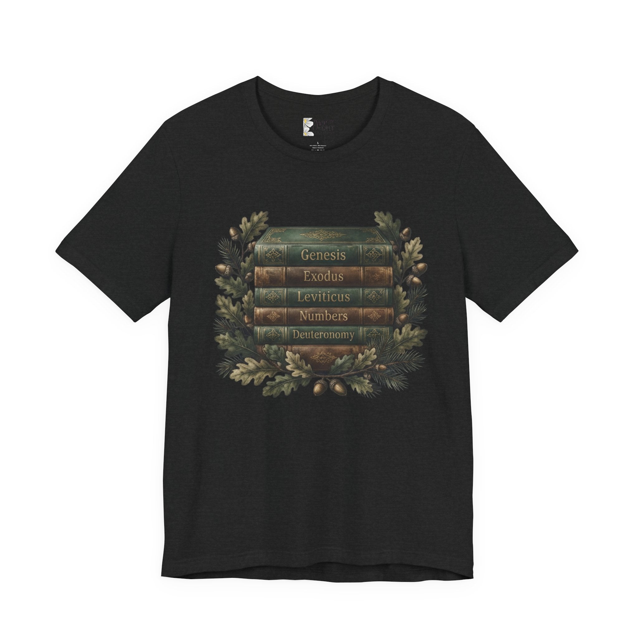 Bible Verse Stack T-Shirt — Genesis Exodus Leviticus Numbers Deuteronomy Floral Graphic
