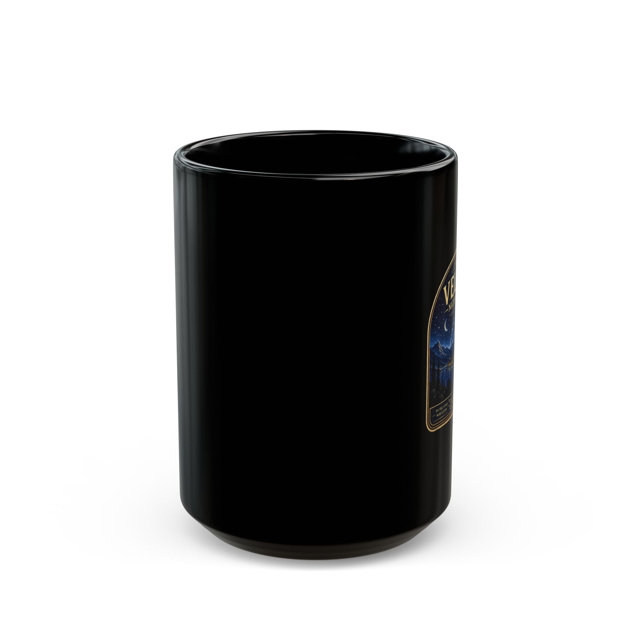 Velaris National Park Mug — Black Coffee Cup with Night Sky Cityscape