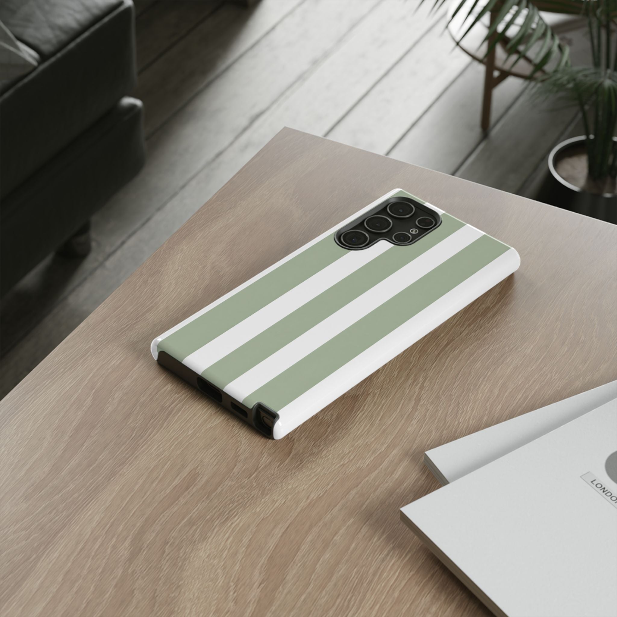 Striped Sage Tough Phone Case — Durable Green & White Vertical Stripe Phone Cover