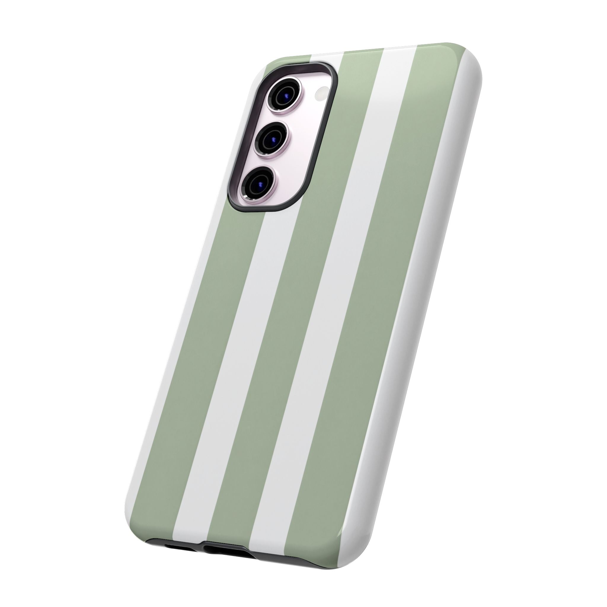Striped Sage Tough Phone Case — Durable Green & White Vertical Stripe Phone Cover