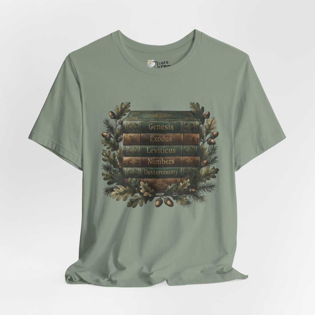 Bible Verse Stack T-Shirt — Genesis Exodus Leviticus Numbers Deuteronomy Floral Graphic
