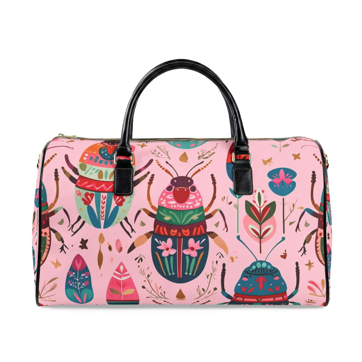 Faux Leather Travel Bag – Colorful Beetle & Botanical Print Weekender