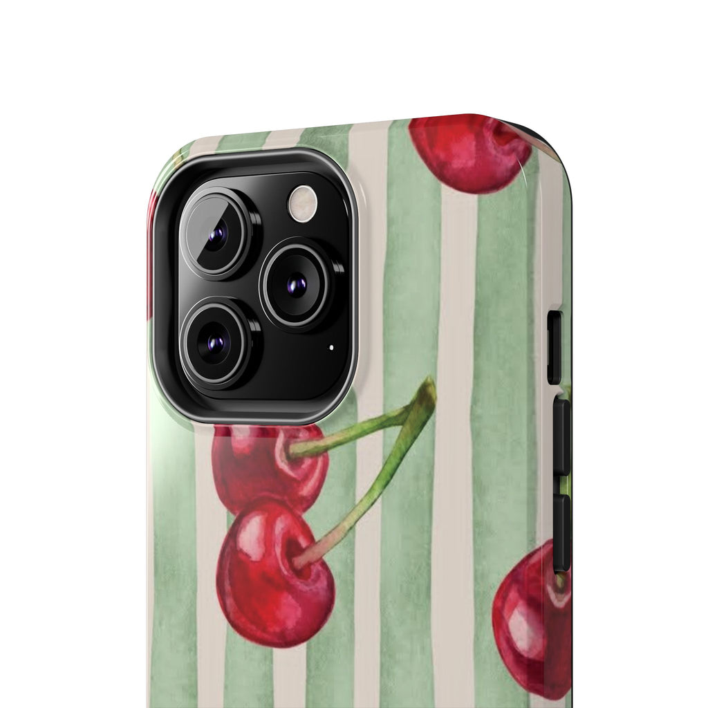 Cherry Stripe Tough Phone Case — Retro Watercolor Cherry Pattern Durable Phone Case