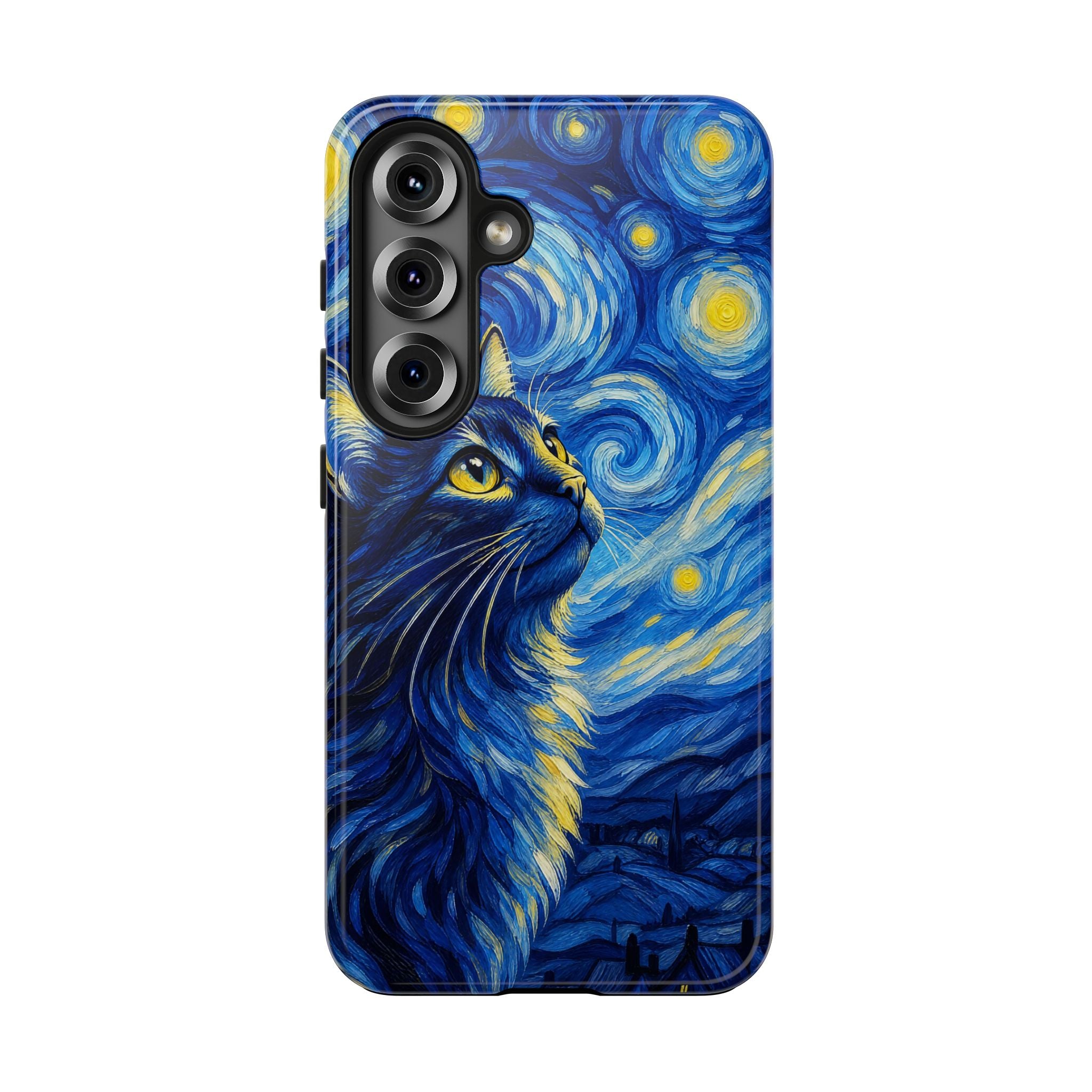 Starry Night Cat Tough Phone Case — Van Gogh Style Galaxy Kitten Protective Cover