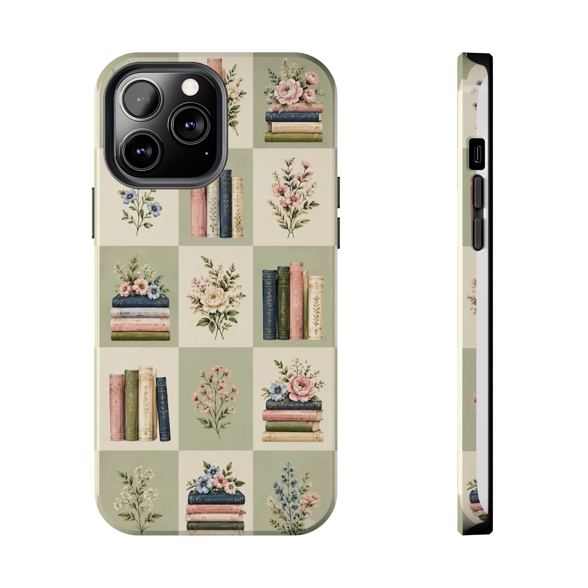 Floral Bookshelf Tough Phone Case — Vintage Floral & Stacked Books Pattern