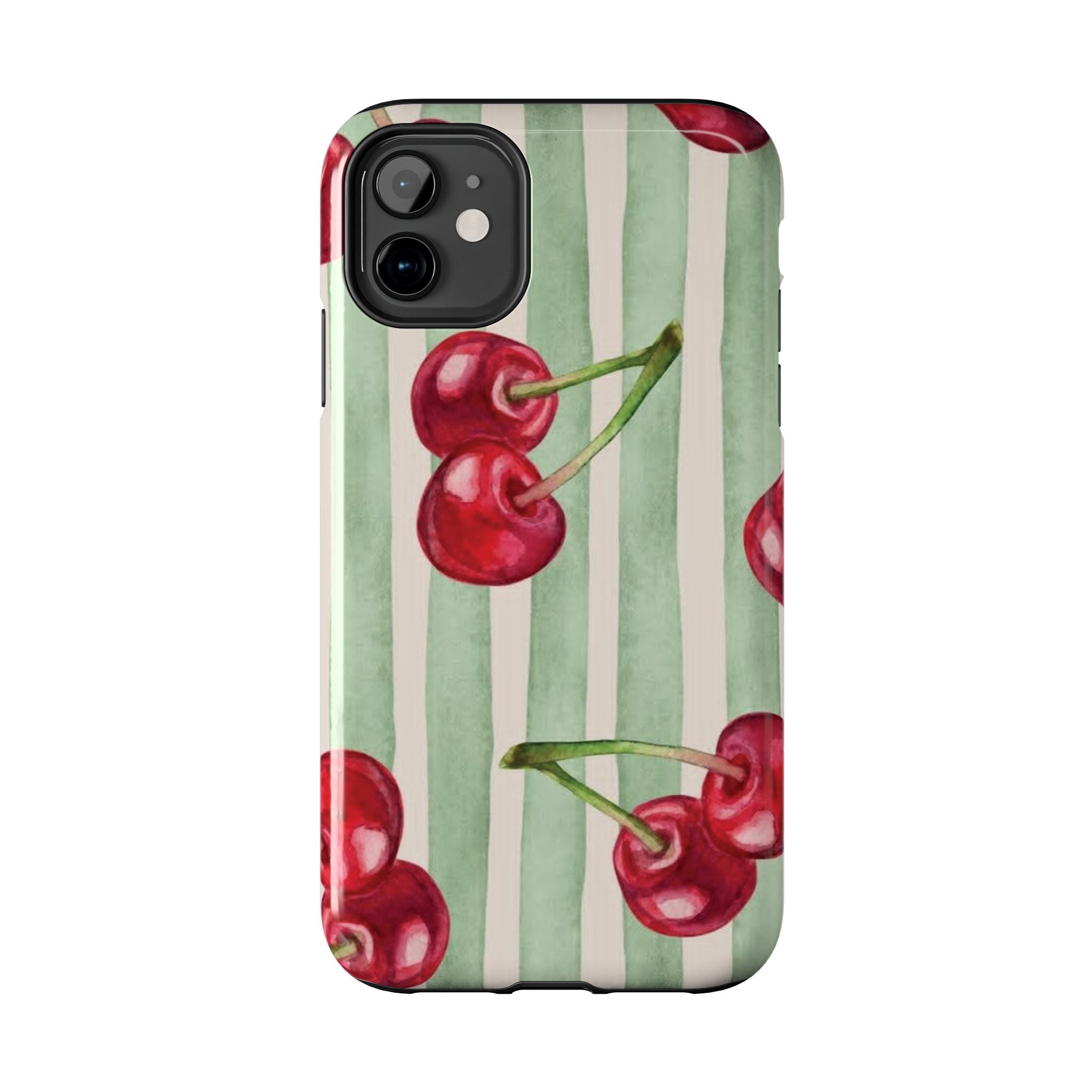 Cherry Stripe Tough Phone Case — Retro Watercolor Cherry Pattern Durable Phone Case