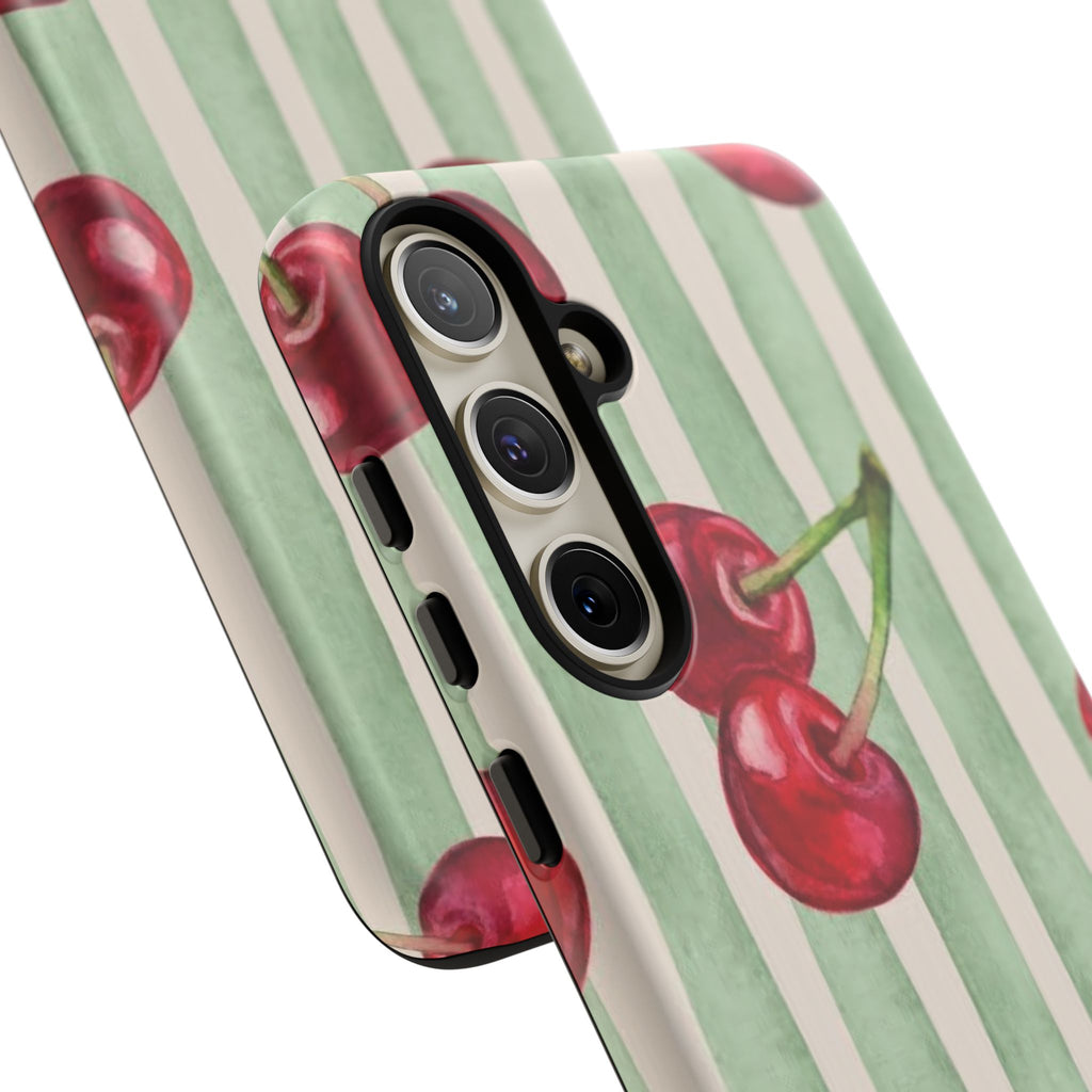 Cherry Stripe Phone Case – Retro Watercolor Cherries on Mint Stripes