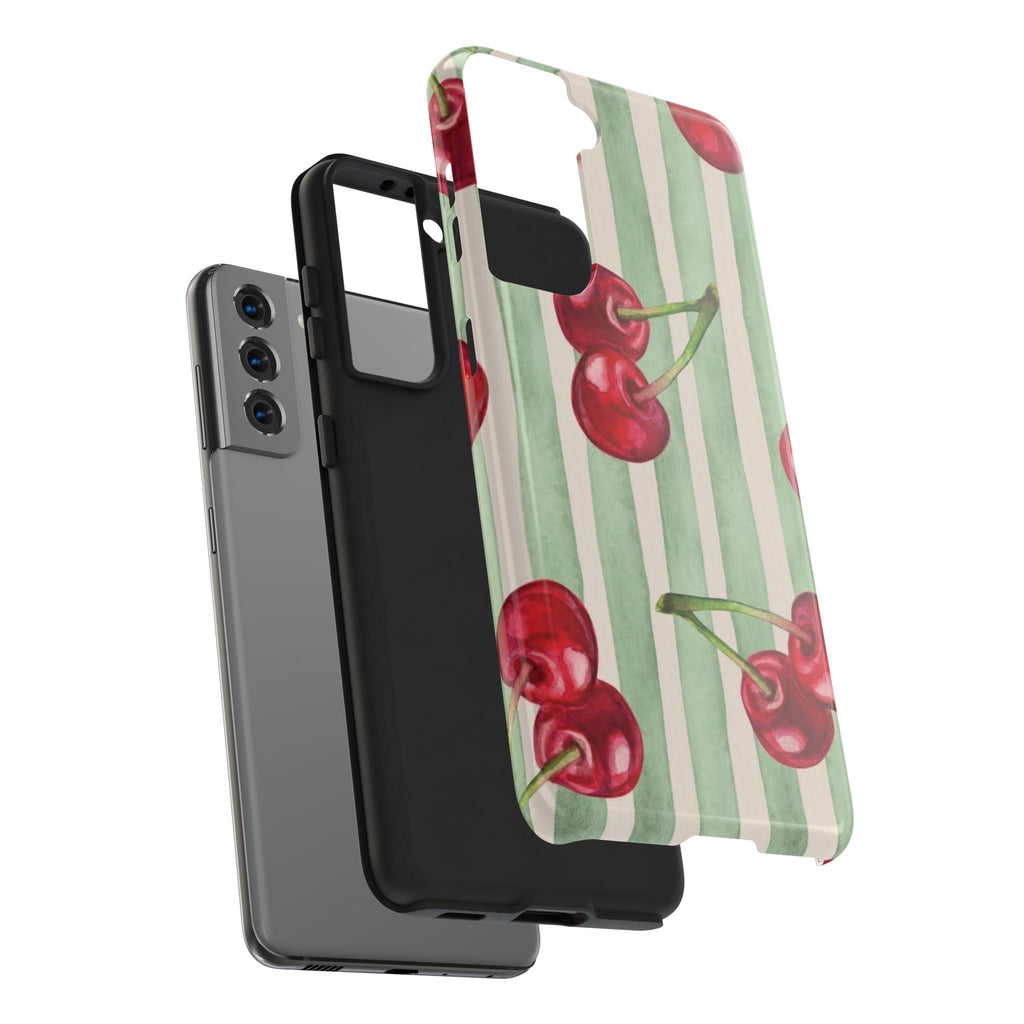 Cherry Stripe Tough Phone Case — Retro Watercolor Cherry Pattern Durable Phone Case
