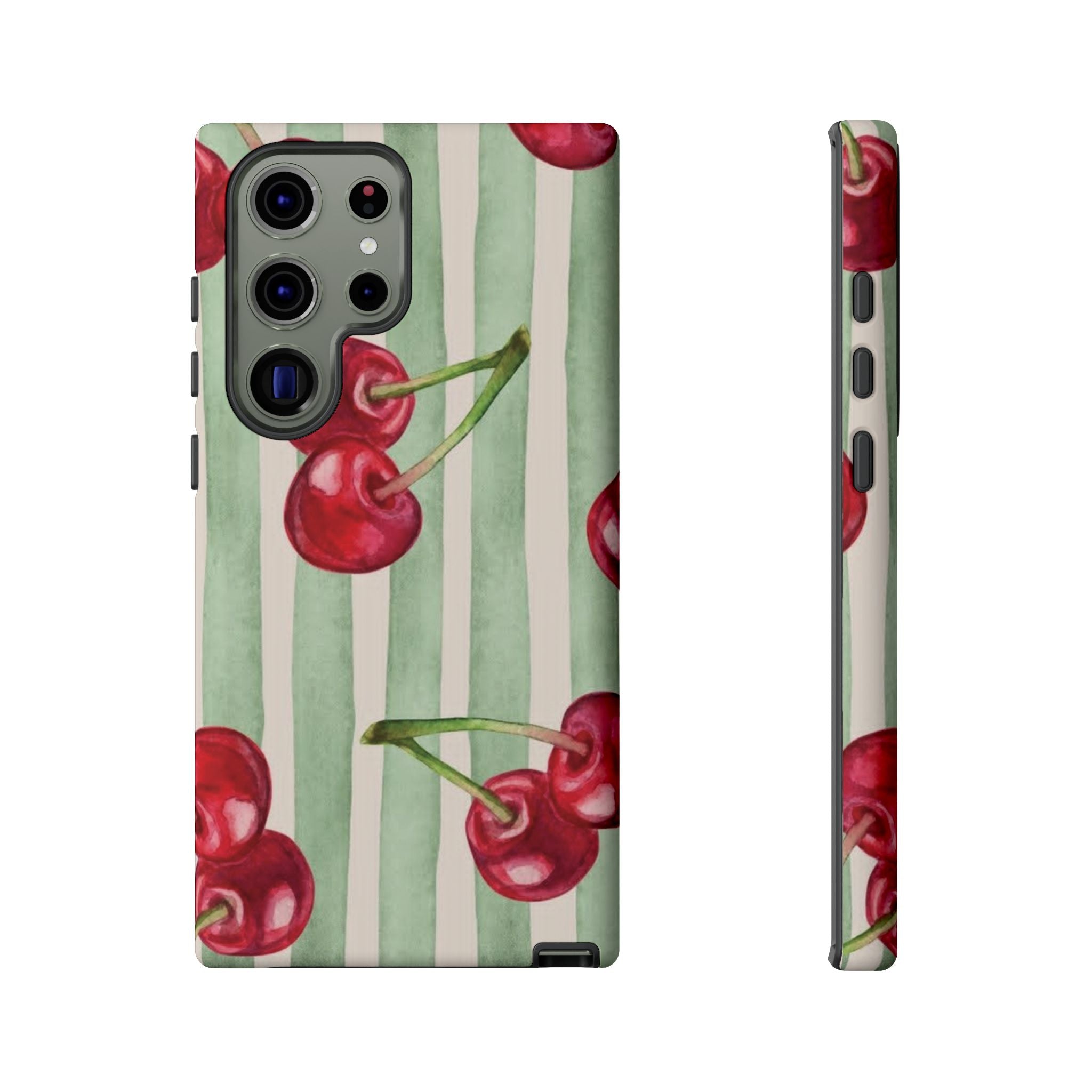 Cherry Stripe Phone Case – Retro Watercolor Cherries on Mint Stripes