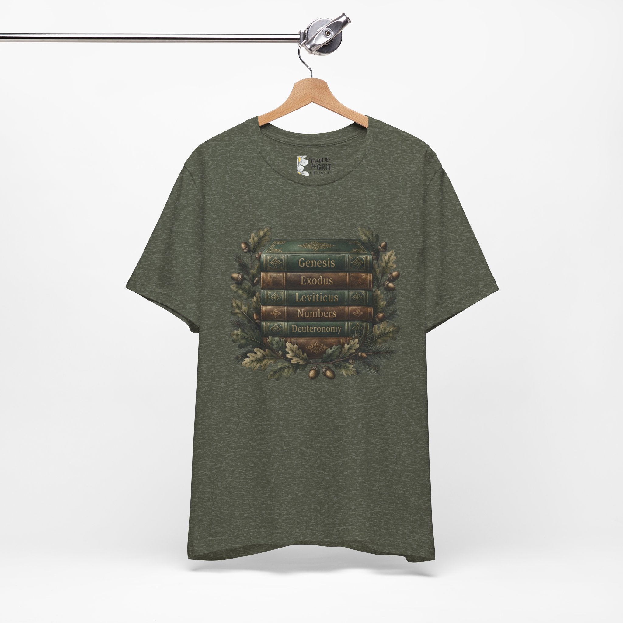 Bible Verse Stack T-Shirt — Genesis Exodus Leviticus Numbers Deuteronomy Floral Graphic